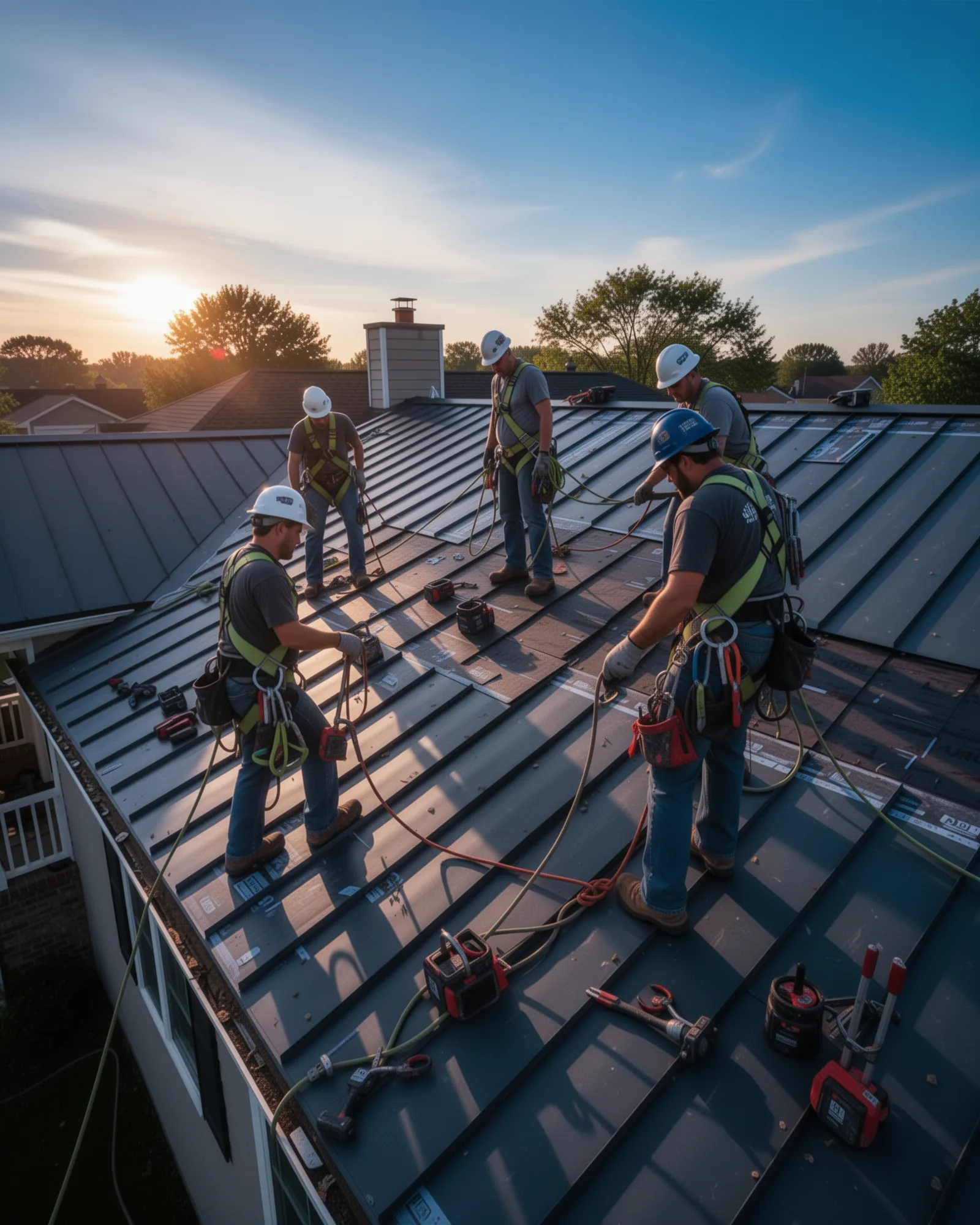 A Crestline crew on a finished roof at first light