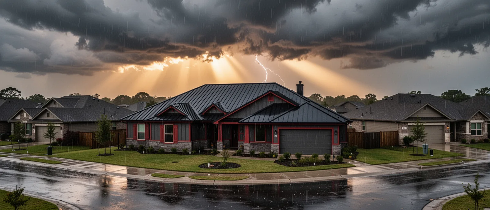 Finished home under a clearing storm sky