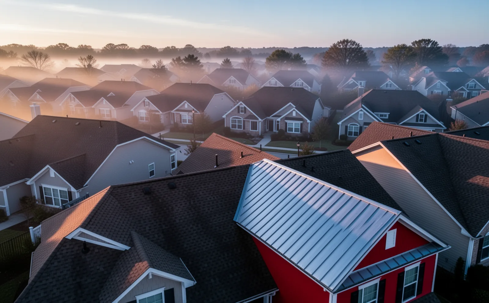 Suburban rooftops catching first light