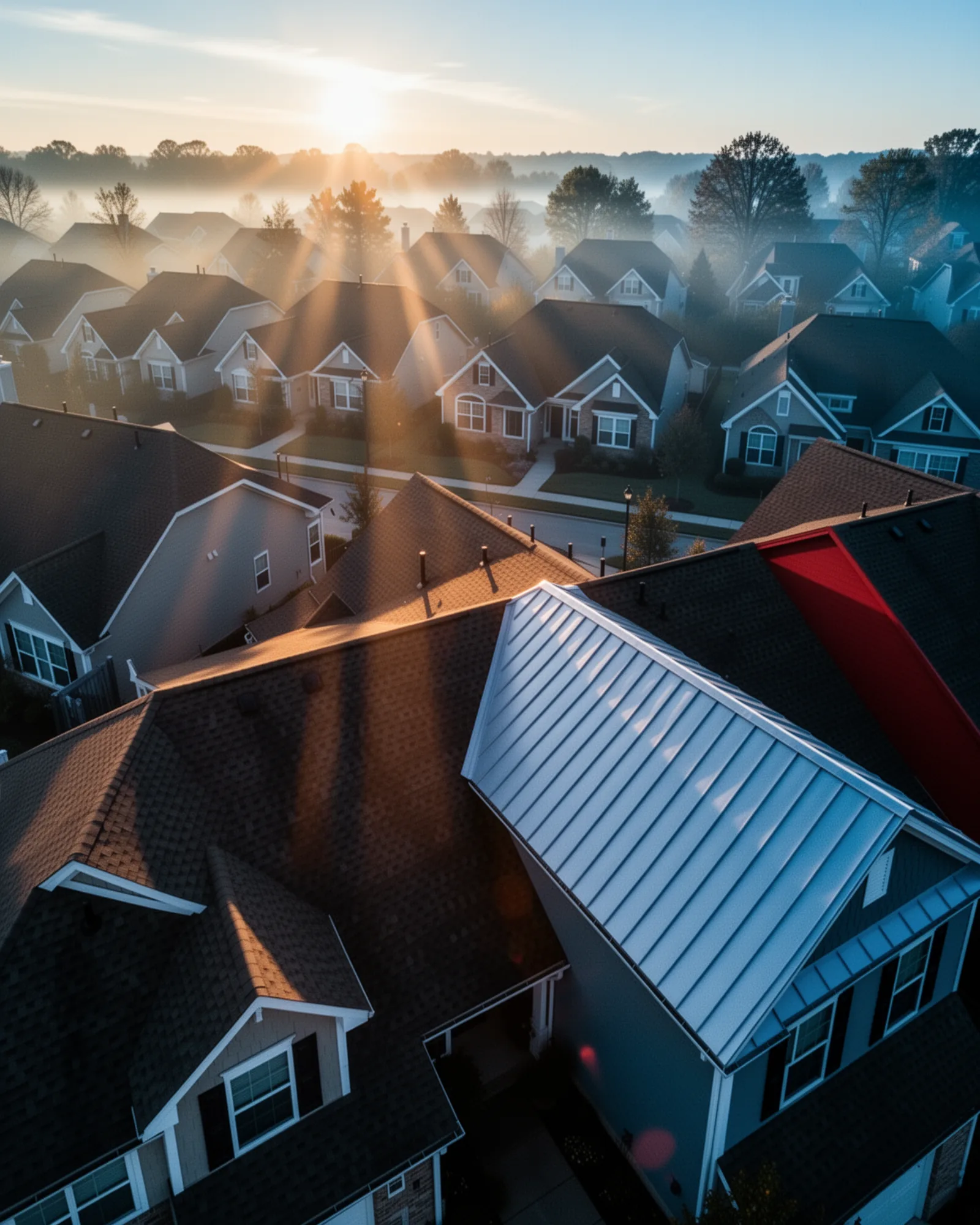 Aerial view of suburban rooftops at sunrise