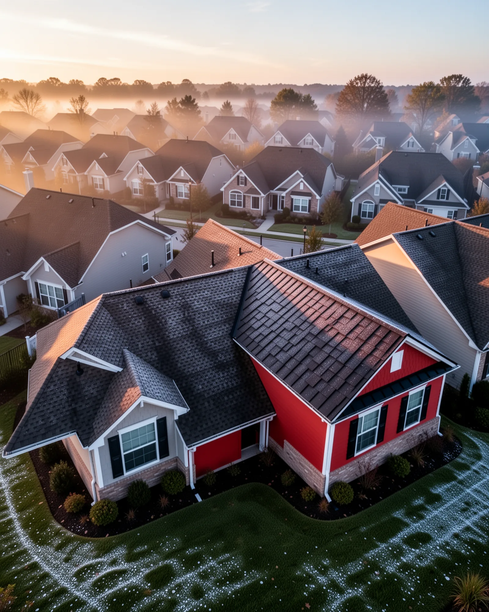 Finished bungalow re-roof at sunrise