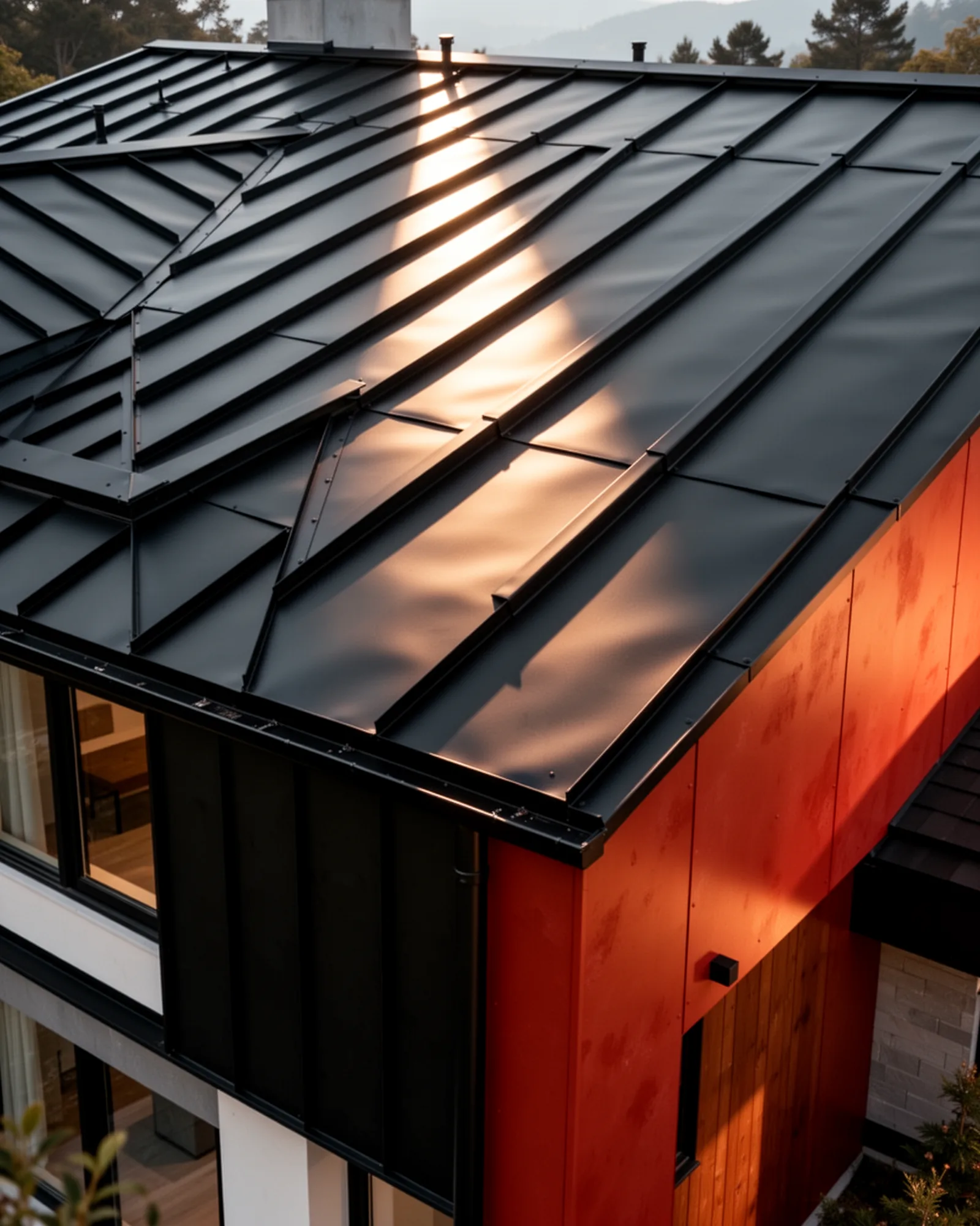 Matte-black standing-seam roof in raking light