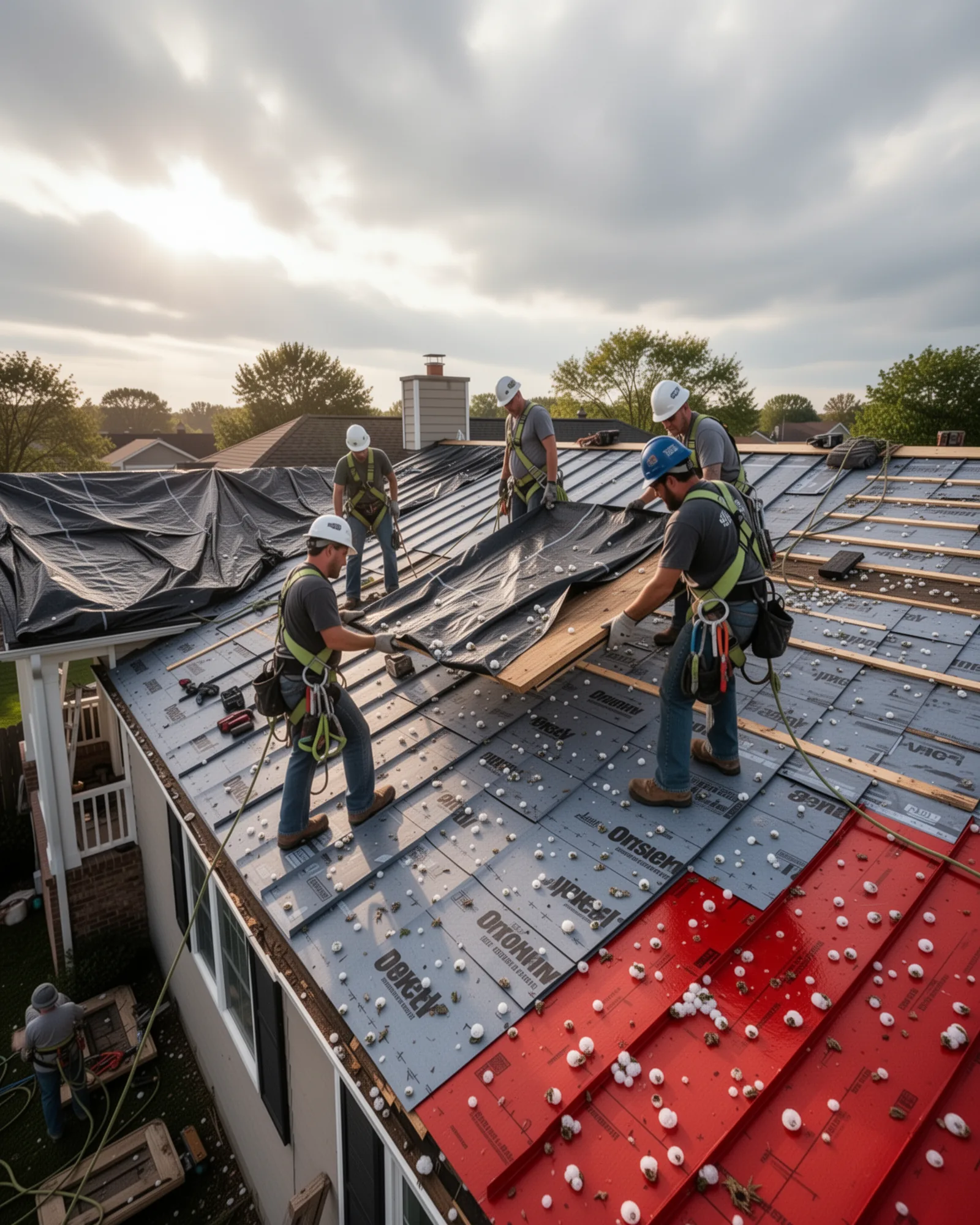 Hail-damaged roof mid-restoration