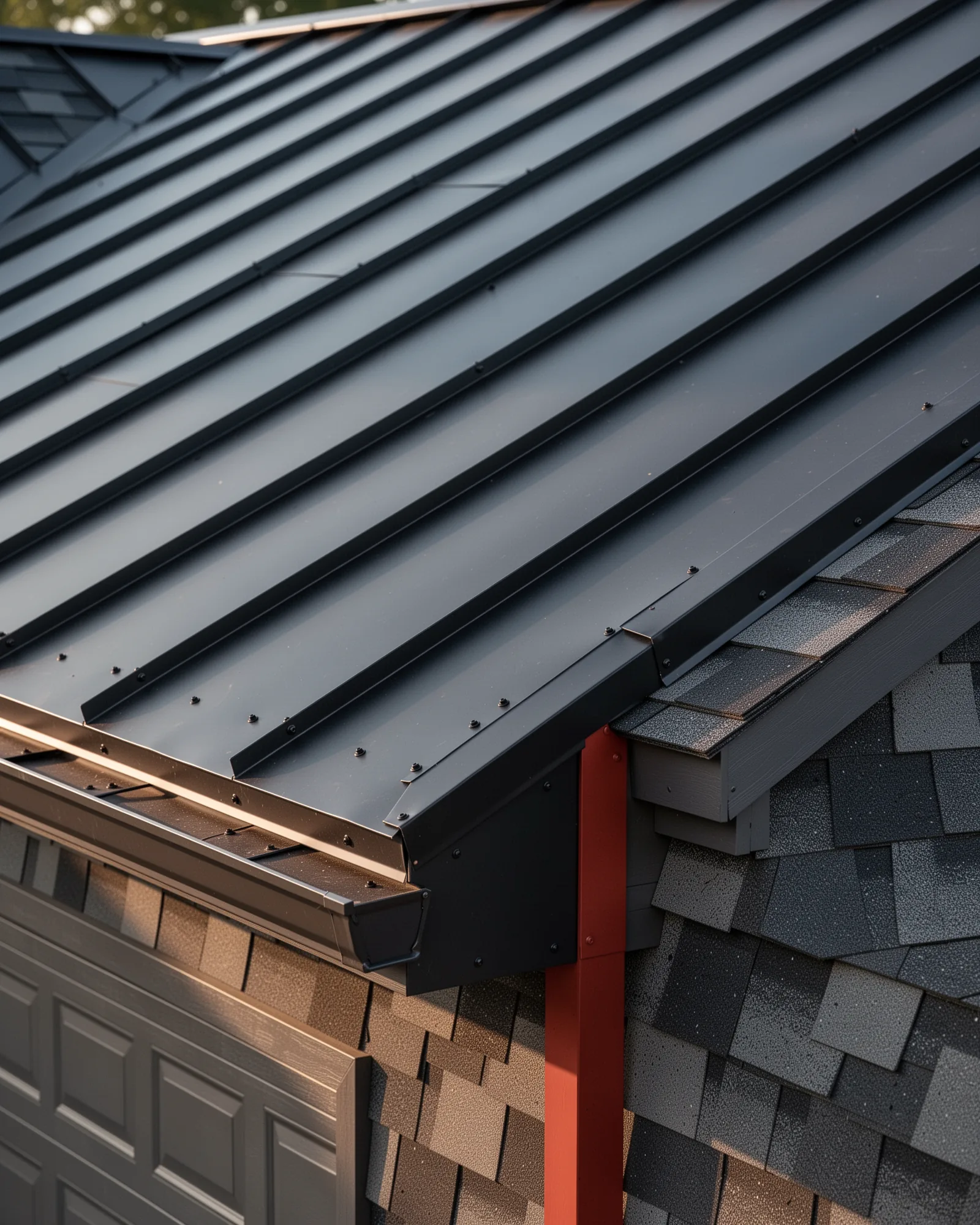 Metal roofing over a garage line
