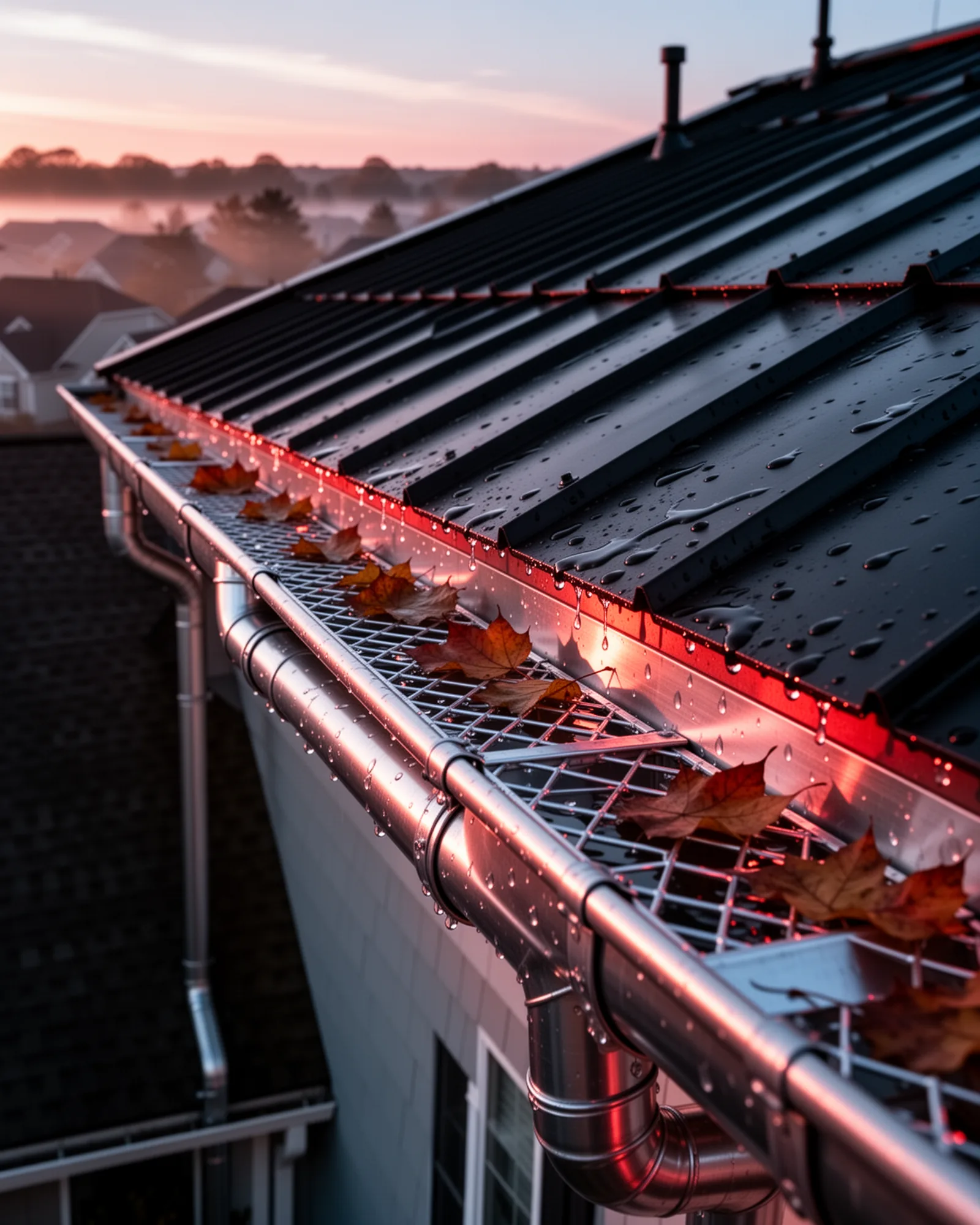 Seamless gutter run along a roof edge at dawn