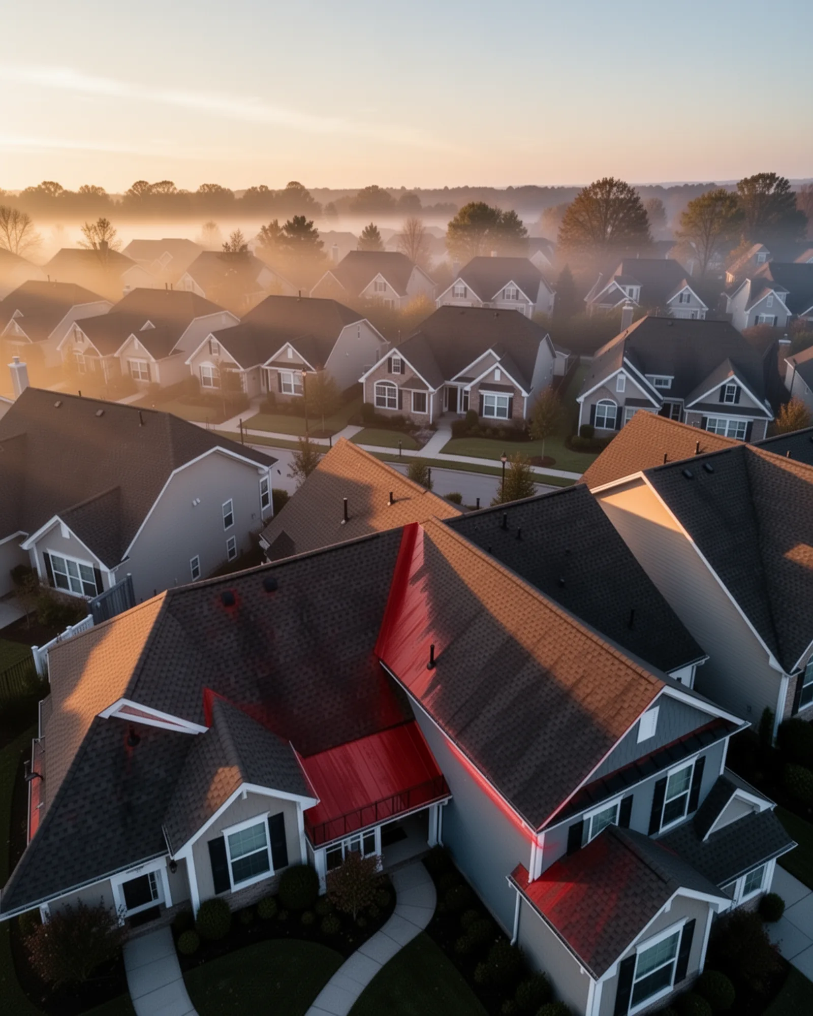 Large estate roof from a high drone at sunrise
