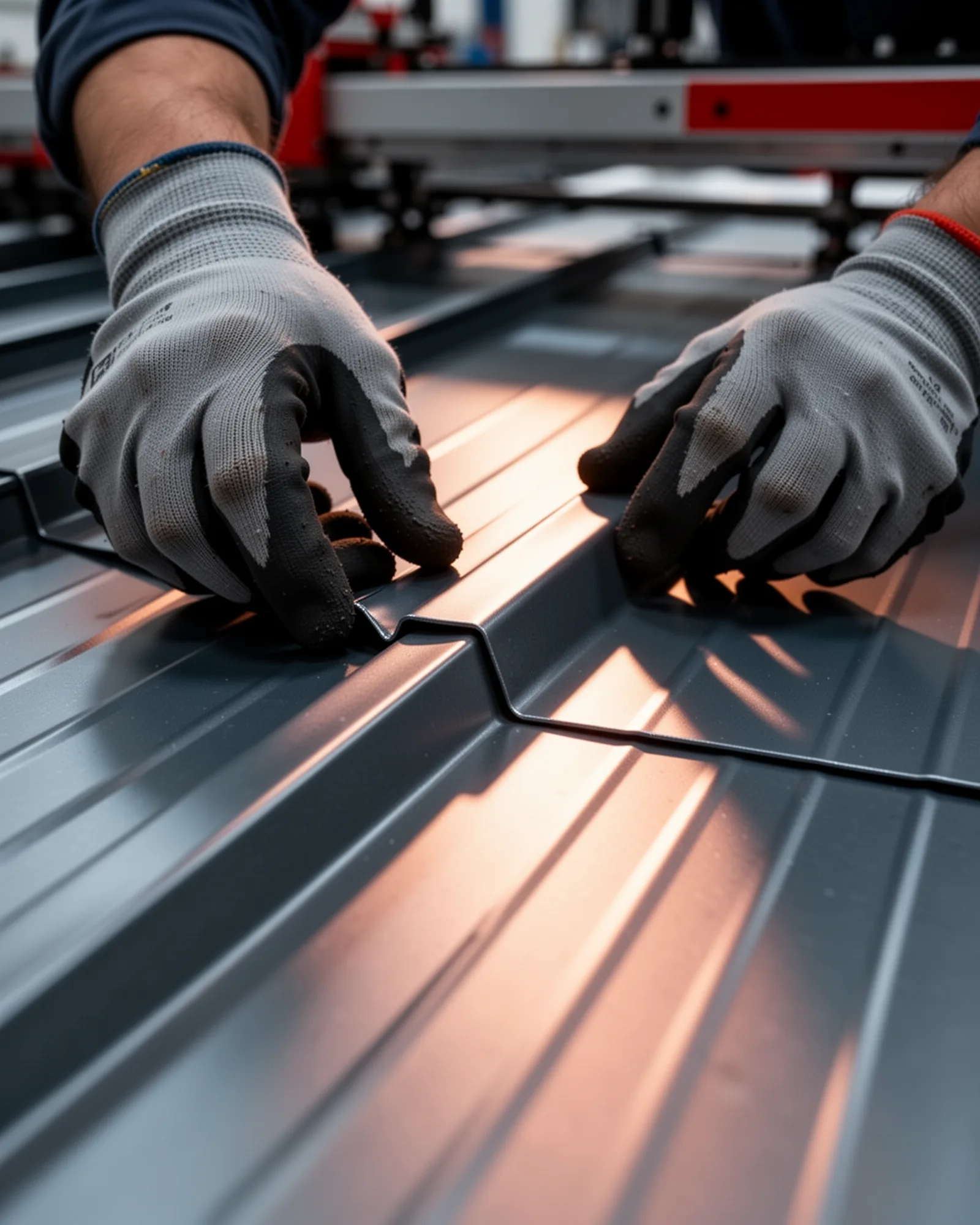 Crew machine-folding a standing-seam metal panel in raking light