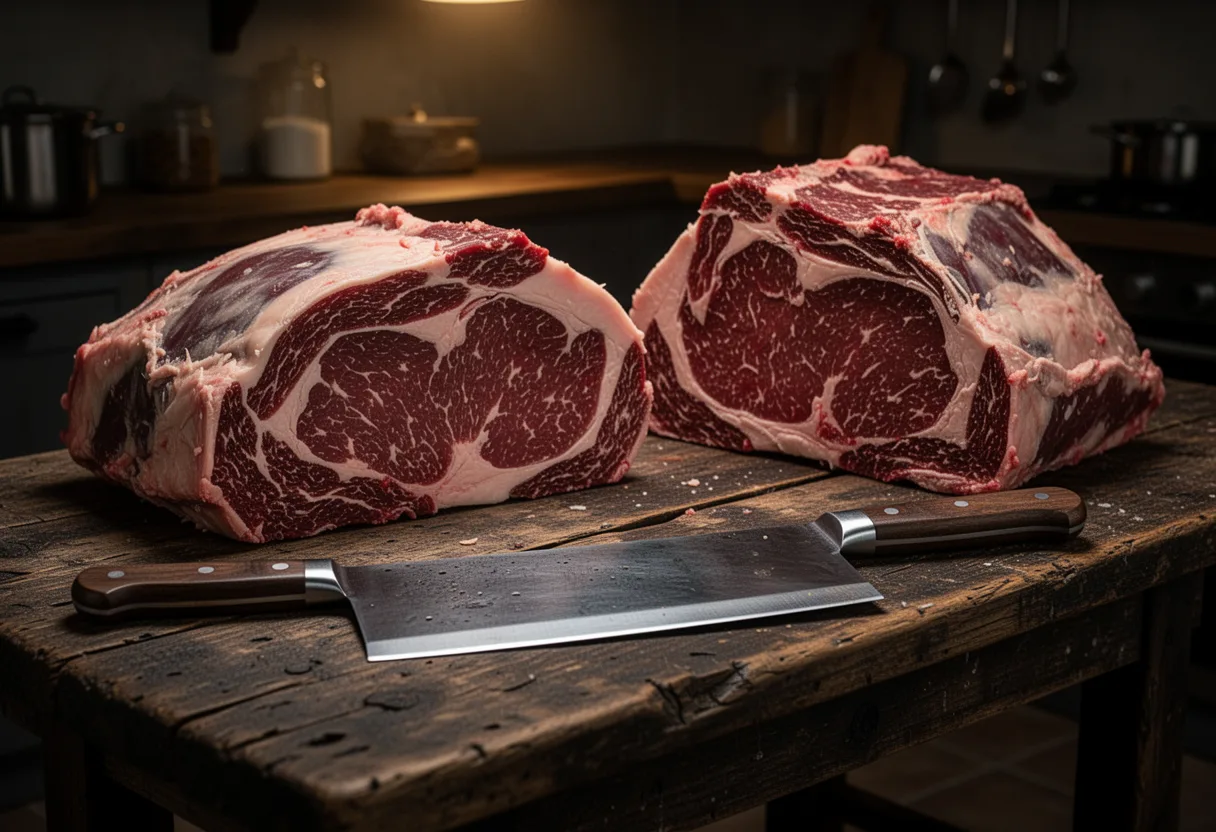 Butcher's table with dry-aged cuts