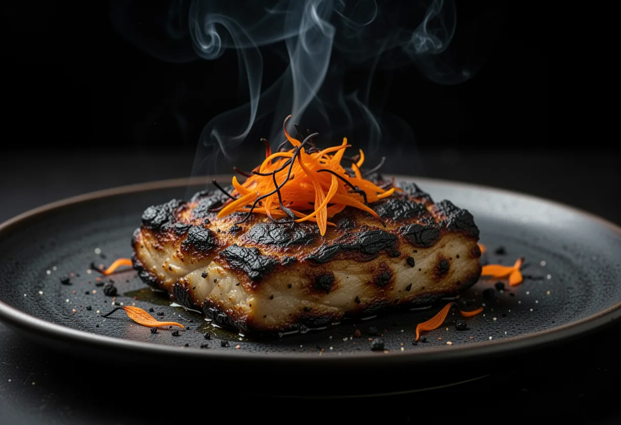 Signature fire-roasted dish with drifting smoke