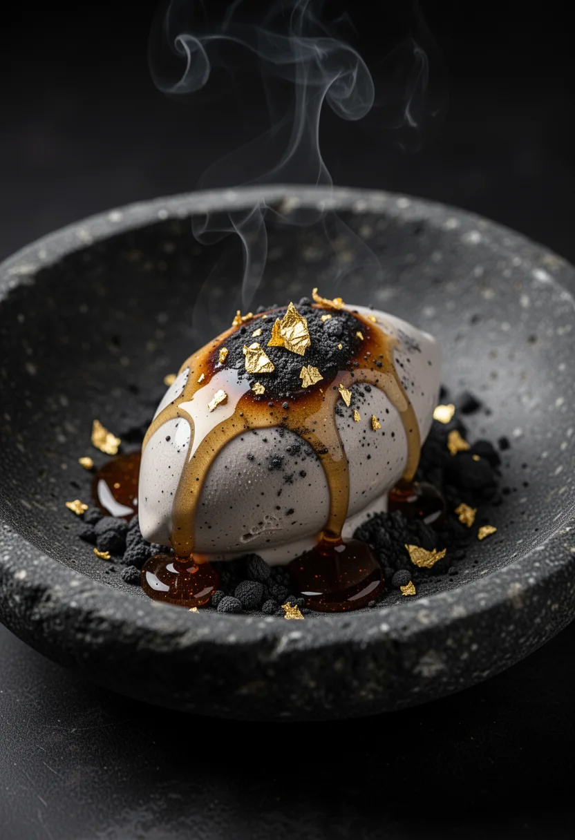 Burnt honey and ash ice cream quenelle in a dark bowl