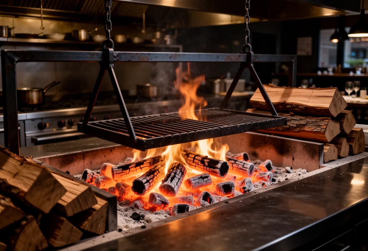 The open hearth, lit and raked to coals