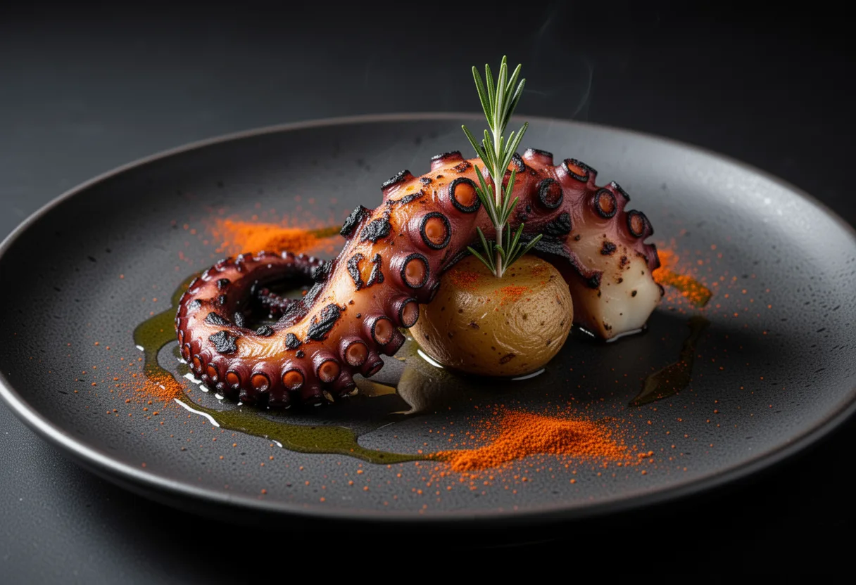 Wood-grilled octopus on a dark plate with smoked paprika oil