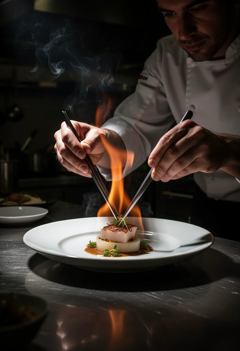 Chef's hands plating over open flame