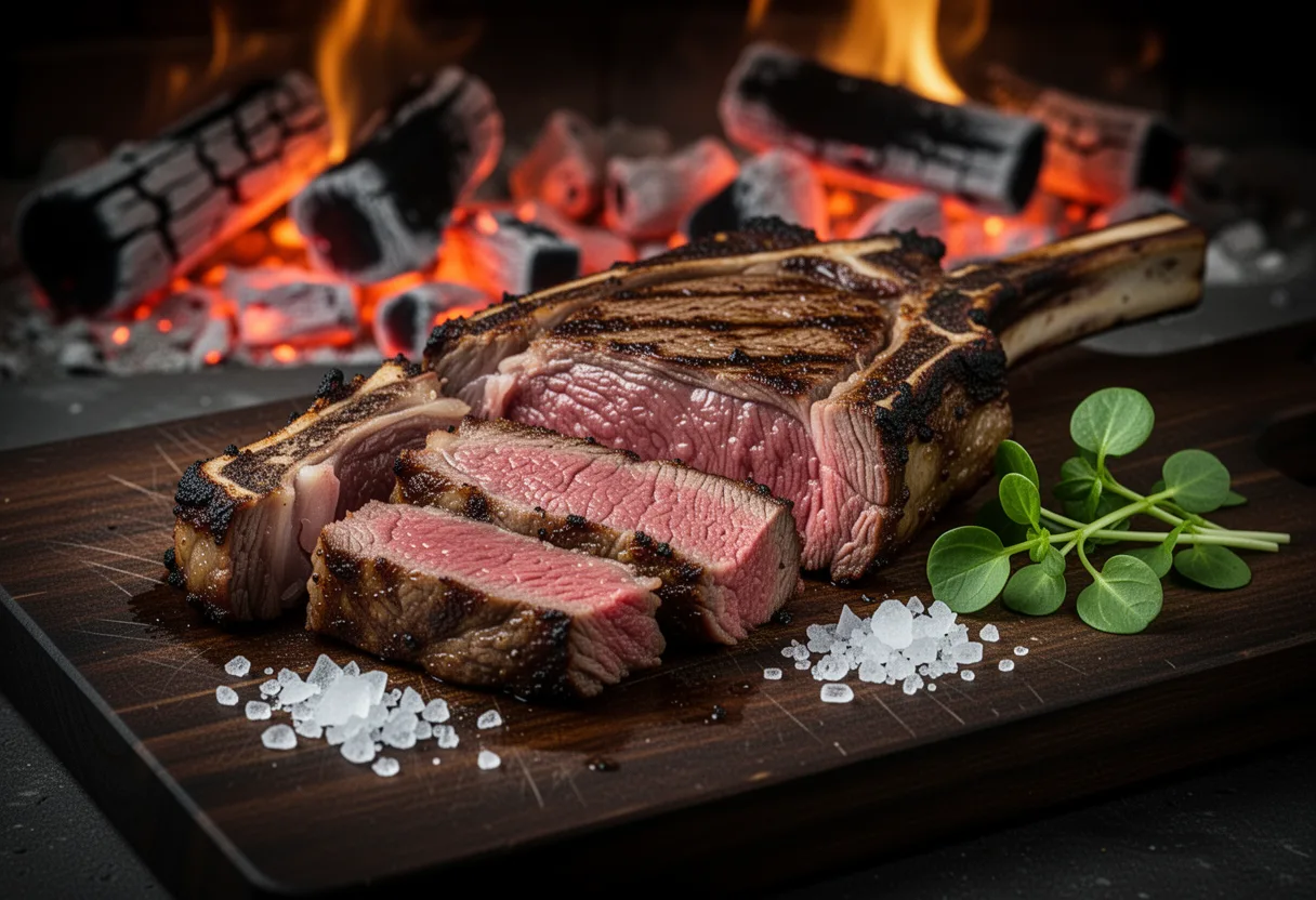 Sliced dry-aged ribeye resting beside glowing embers